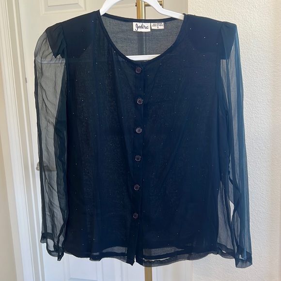 Indira long sleeve whimsy goth black button front blouse with sheer sleeves S - Picture 1 of 6
